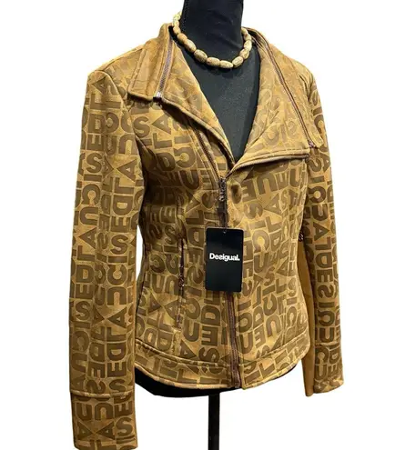 Desigual NWT Chaq_Lou Brown Logo Print Faux Suede Moto Jacket Size 40 (M)