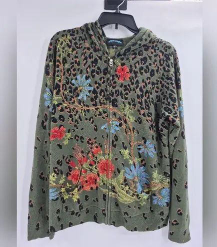 "Til The End" Floral Leopard Print Hoodie Sweatshirt Size XL Green
