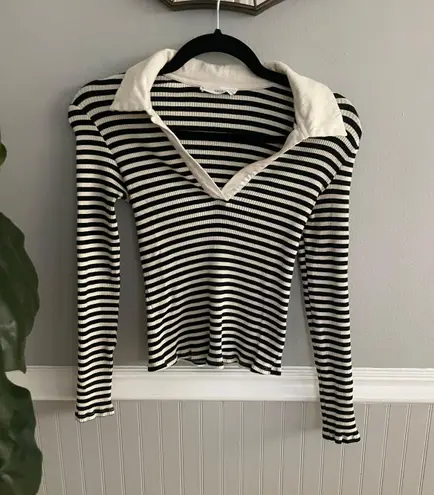 Mango Ribbed Knit Black White Striped Cropped Collared Top