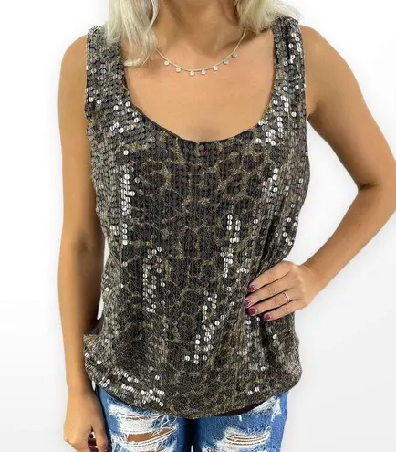 matty m 00s Vintage Brown Sequin Cheetah Print Scoop Neck Tank