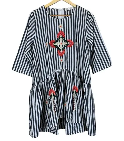 Stevie Hender Dress Womens M White Gray Striped Cotton Embroidered Cottagecore