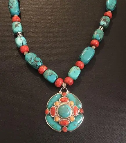 BARSE Turquoise Coral and Citrine Necklace