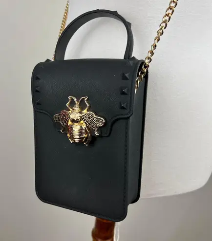 Black Crossbody Cell Phone Bag With Golden Bee Accent Studded Mini Purse