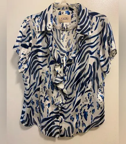 Naomi Womens Sheer Button Down Blouse XL 42” Blue White Print Ruffles Beach
