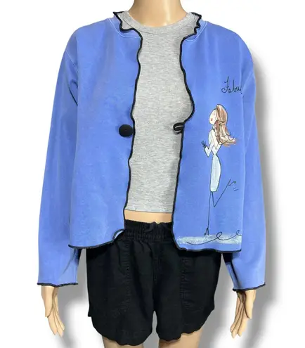 Vintage Stick Chics Womens Hand Painted Sweatshirt Button Closure Blue Medium
