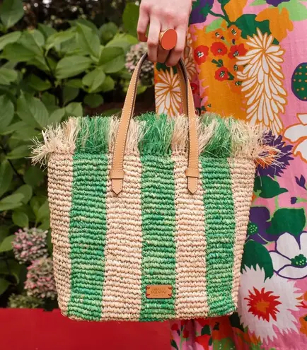 FRANCES VALENTINE Alfie French Straw & Leather Tote, Green Stripe, NWT
