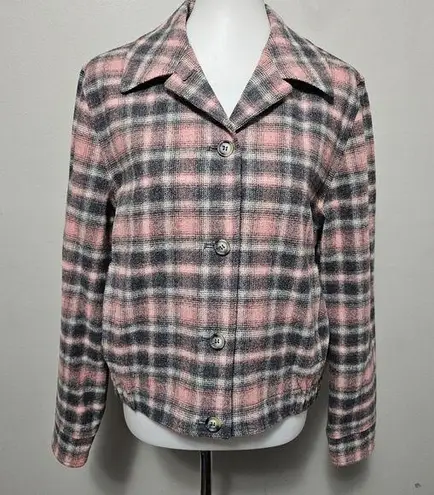 Pendleton Vintage 90s Pink & Charcoal Plaid Virgin Wool Bomber Jacket Size 8