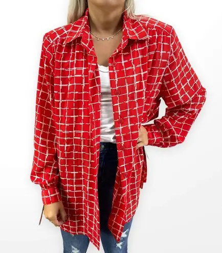 90s STUDIO COLLECTION Vintage Red White Check Button Up Shirt Scarf Set Size 14