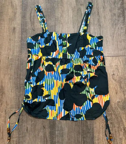 Tulle Floral Print Tank Top Sleeveless Casual Blouse Medium Boho Indie Festival Blue