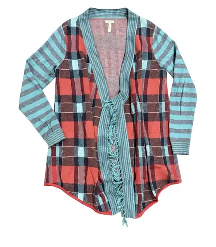Matilda Jane Steadfast Sweater Cardigan Size Medium Plaid Open Front Fringe Hem