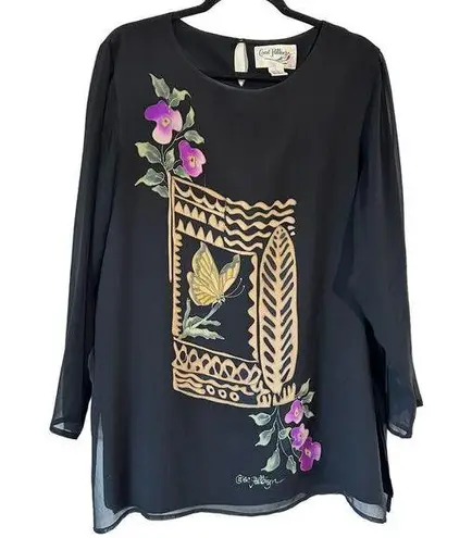 Vintage Large Butterfly Silk Blouse Y2K Whimsigoth Fairy Artsy Eclectic Hawaiian Black