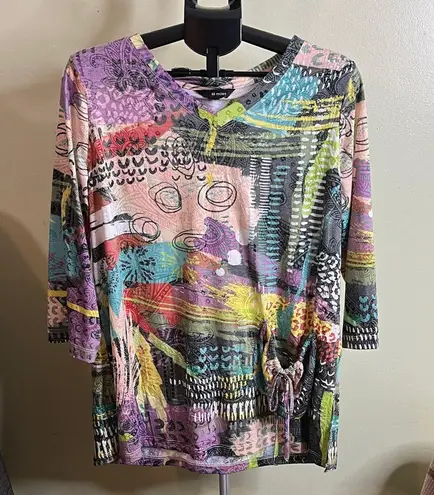 Ali Miles abstract colorful front pouch pocket 3/4 sleeves tunic top, size Size XL