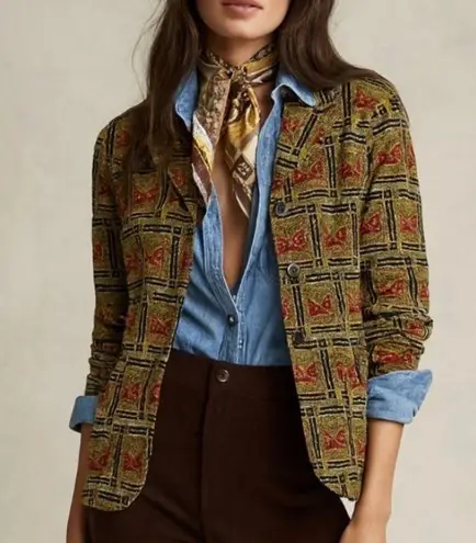 Vintage Velour Blazer 90s Geometric Tapestry Print Mixed Pattern Style Jacket Brown Size L