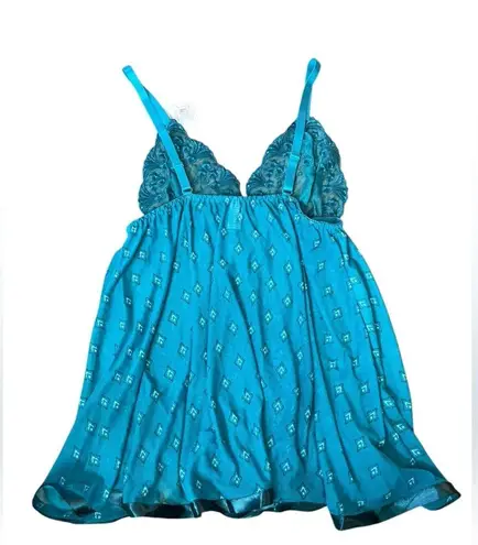 NOS Spree Intimates Plus Size Teal Sheer Sequin Lace Lingerie Mini Slip Dress Blue