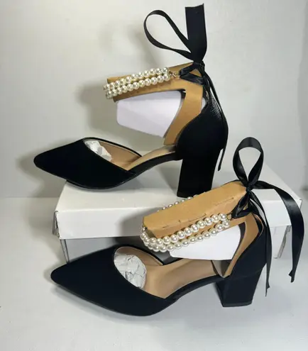 Closed Toe Pearl Heels Satin Wedding with Bow Chunky Block Heels Prom Evening Black Size 8