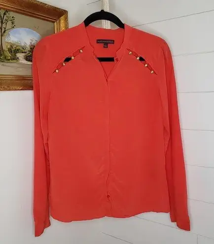 Marchesa Voyage Silk Button Yoke Long Sleeve Button Front Top Orange Coral 2