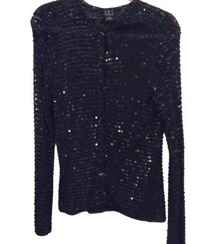 Inc international black sequined cardigan Medium M womens snap up
