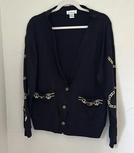 Tara Vanessa nautical coastal anchor & chain embroidery navy blue cardigan Gold Size M