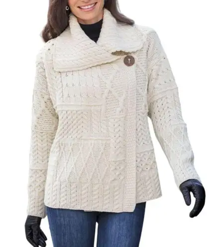 Carraig Donn Patchwork Merino Wool Wide Collar Irish Cardigan Cream Women's Size XL