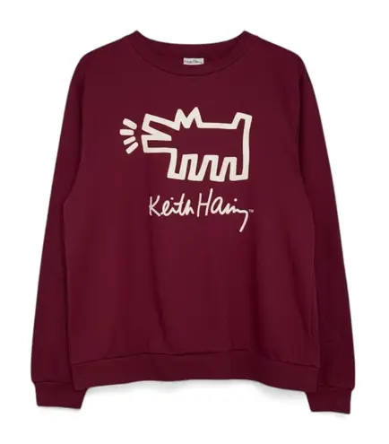 Keith Haring Dog Graphic Burgundy Crewneck Sweatshirt Pullover Women's L Red Size L