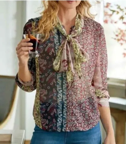 Soft Surroundings Langdon Mixed Print Blouse Size Small Long Sleeve Tie Scarf