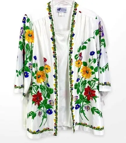 90s TOP NOTCH Vintage White Floral Shirt Jacket Blouse Size 14