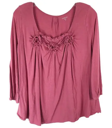 Garnet Hill XS Top Red Gathered Front Smocked Ruffle Solid Cotton Pullover 381