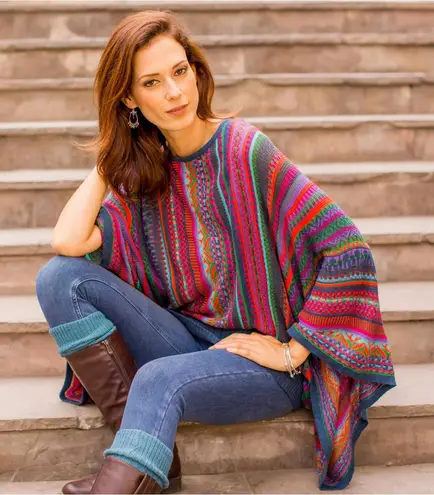 Novica Fiesta of Color Striped Kimono Sleeve Sweater Alpaca Blend Size S/M