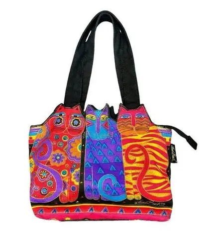 Laurel Burch Medium Zip Top Cat Tote Purse Bag Tres Gatos Canvas Red