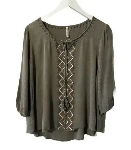 Mittoshop Embroidered Peasant Top Womens Size M Tassel 3/4 Sleeve Blouse Boho