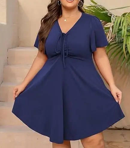 NWT ~ Navy Blue Ruched Tie Front Flowy Skirt Cap Sleeves Mini Dress ~ Womens XL