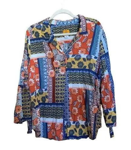 Ruby Rd Size XL Multicolor Boho Floral Patchwork Button Up Shirt Collared Blouse