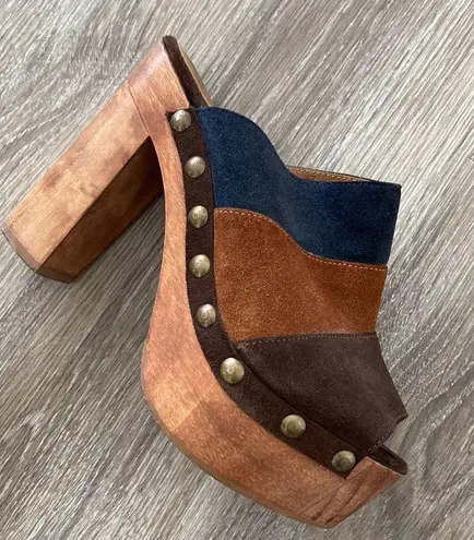 Vintage Y2k wooden clog platform open toe heels leather suede blue brown tan 7.5 Multiple