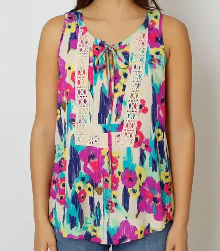 Black Rainn Cream Watercolor Floral Print with Crochet Trim Sleeveless Blouse