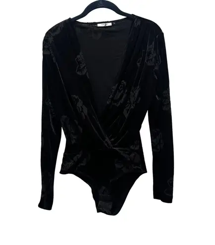 Ganni Black Velvet Sexy Dark Floral Plunge Long Sleeve Bodysuit Size 36 M US 6