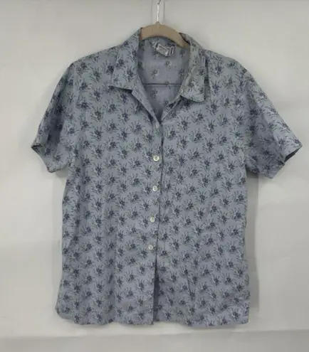 April Cornell Floral Button Front Cotton Shirt Women Large VTG Cottage Peasant Blue