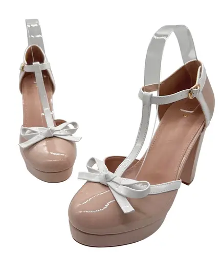 Allegra K New Platform Heels Womens 9 Tan T Strap Bow Lolita Block Chunky