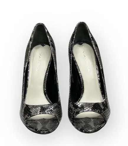via spiga new Metallic Python Leather Peep Toe Heels Pumps Black Grey 8.5M