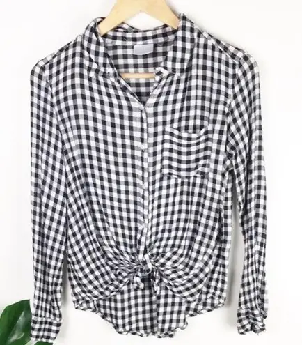 Abound NWT  Plaid Long Sleeve Tie Front Knot Tee Check XS Gingham Black White