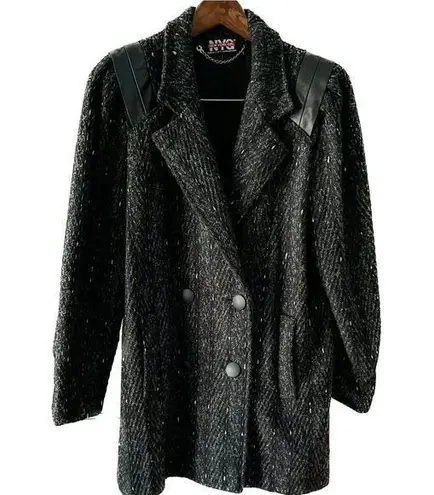 Vintage 80s marled wool double breasted pea coat leather shoulders size medium M Black