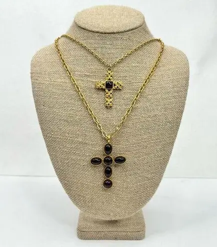 Vtg Avon Double Strand Layered Necklace Cross Pendants Cabochon Gold Tone RARE