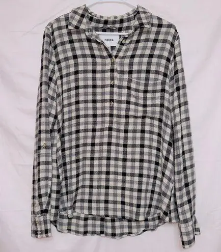 Pistola Black Cream Plaid Long Sleeve Collared Neck Popover Top size medium