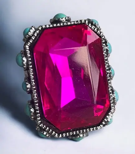 Pink crystal adjustable ring with round turquoise accents on sides