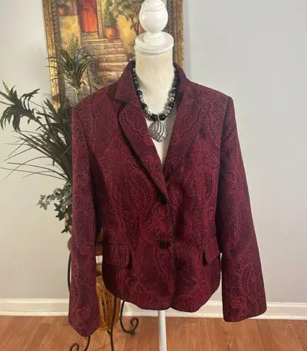 Rena Rowan Blazer Jacket Womens 16 Maroon Paisley Print Single Breasted 2 Button