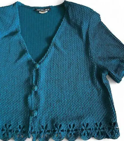 Vintage 90s Sharade Teal Cropped Cardigan