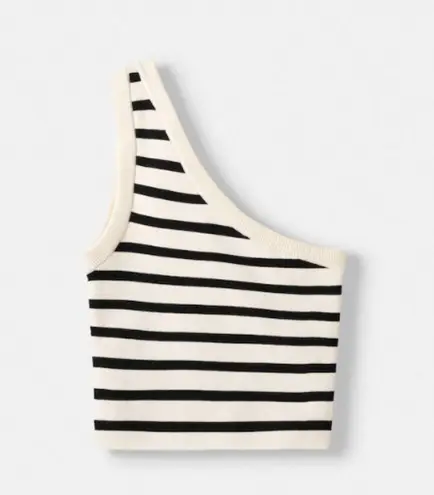 Bershka One Shoulder Contrast Piping Knitted Top Ecru Black M