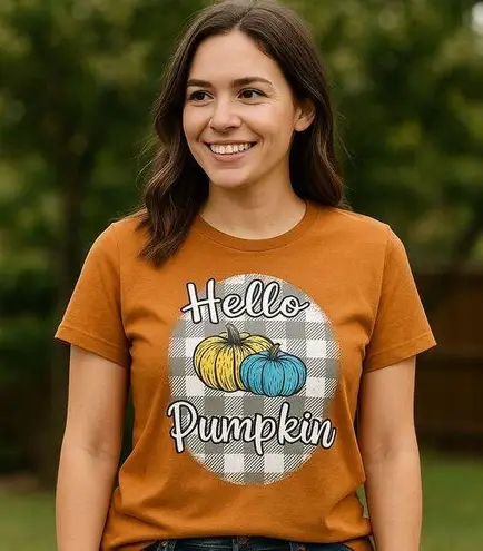 NEW Women's Size Small "Hello Pumpkin" Adiva Thanksgiving Shirt Copper Plaid Brown