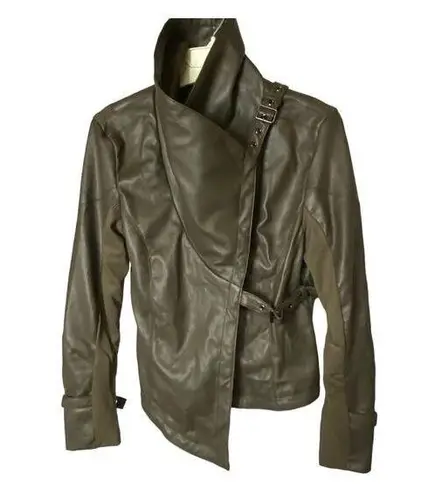 Ookie & Lala Women's Size XS Chic Faux Leather Open Front Drape Jacket Olive NWT Green - Image 1