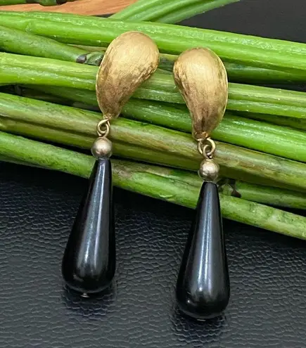 Givenchy Vintage Signed Brushed Gold-tone Black Teardrop Dangle Earrings 10.6g