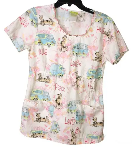 Scooby Doo Floral Love Peace Ruffle Lettuce Edge Scrub Top White Pink XS
